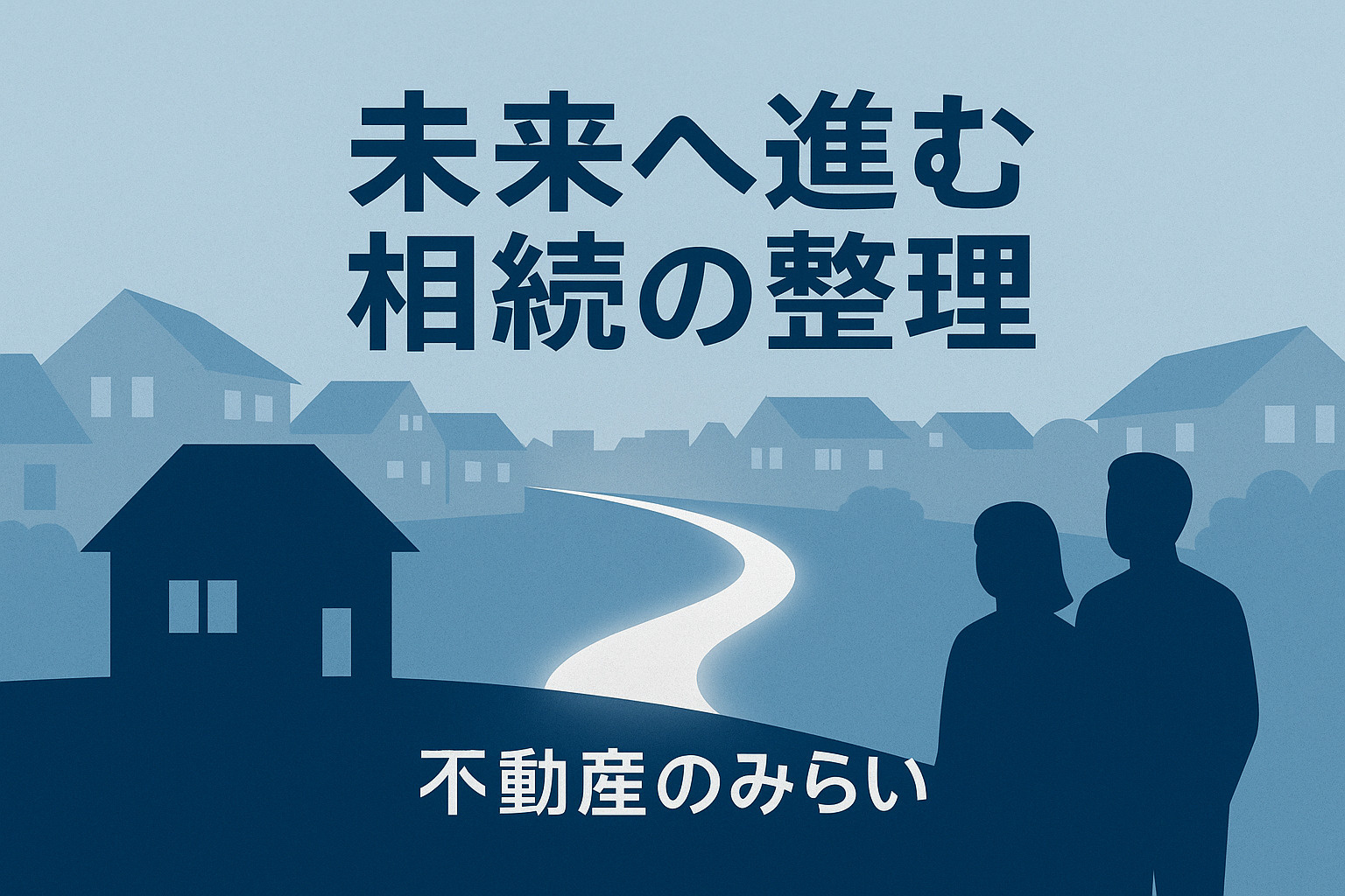 相続売却のまとめと未来への前進をイメージした家と道のシルエット