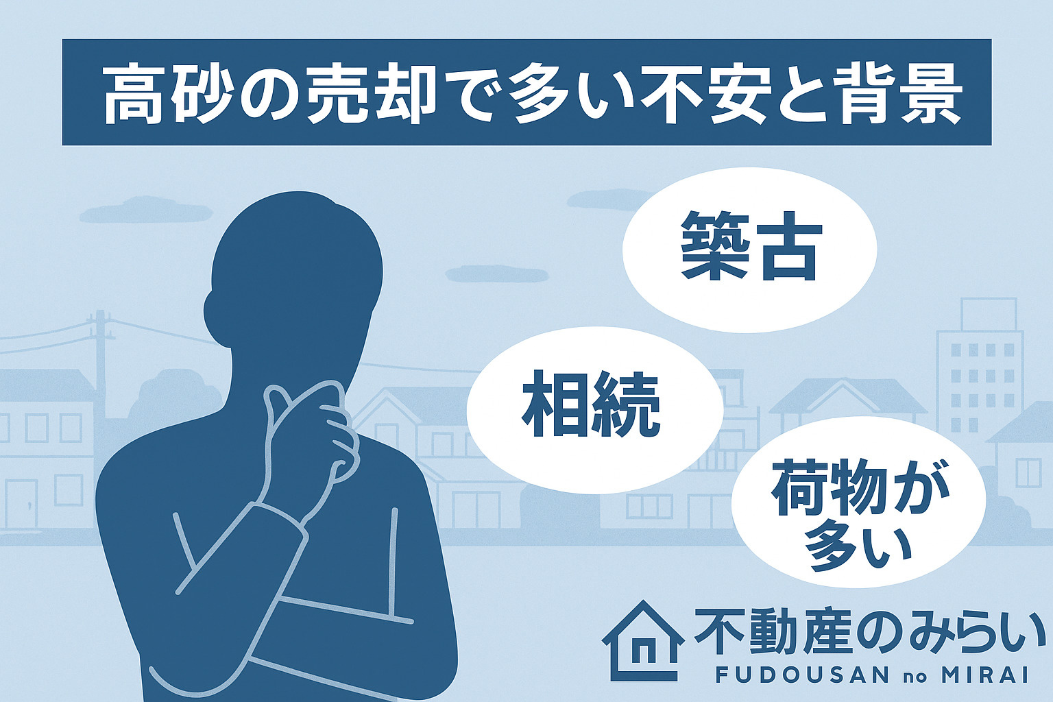 高砂の相続・築古売却で多い悩みを示した人物と住宅街のイメージ画像