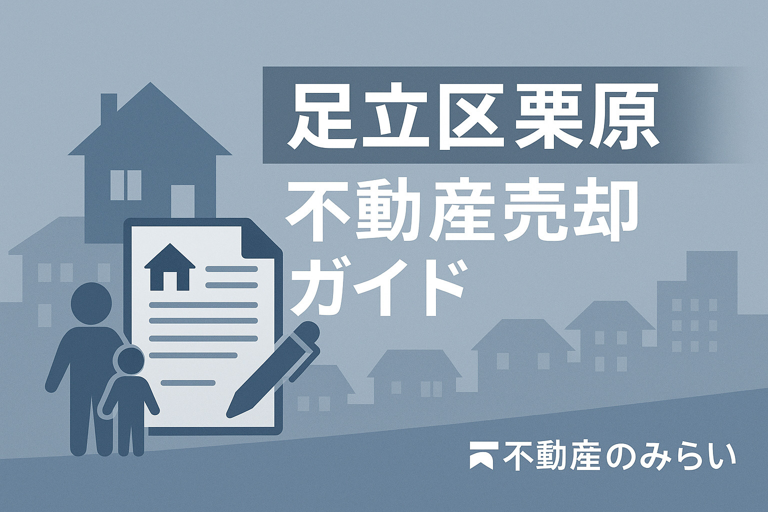 足立区栗原の不動産売却ガイドを紹介する青×グレー基調のアイキャッチ画像