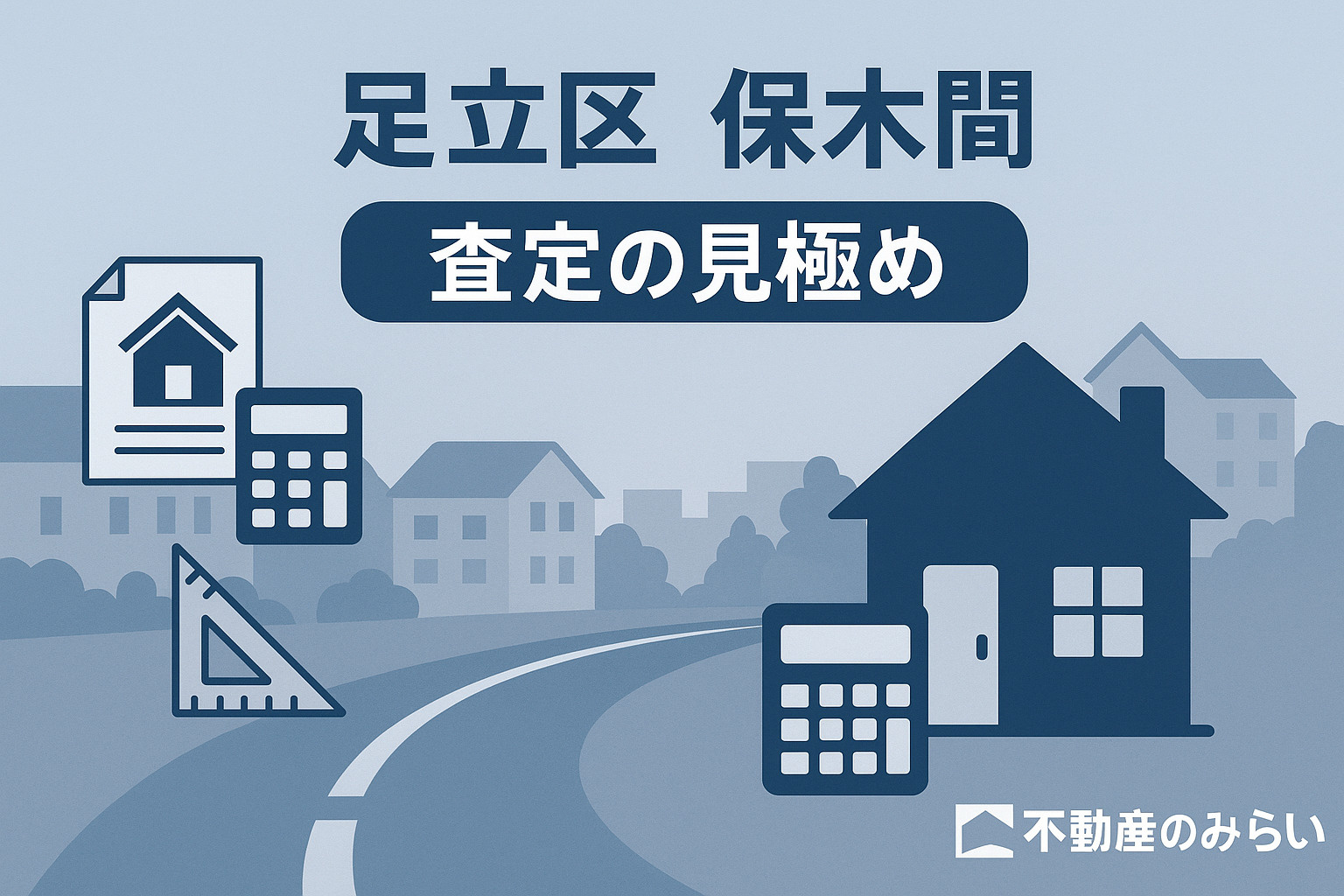 保木間エリアの査定ポイント（道路幅・築年数・土地形状）を示す図