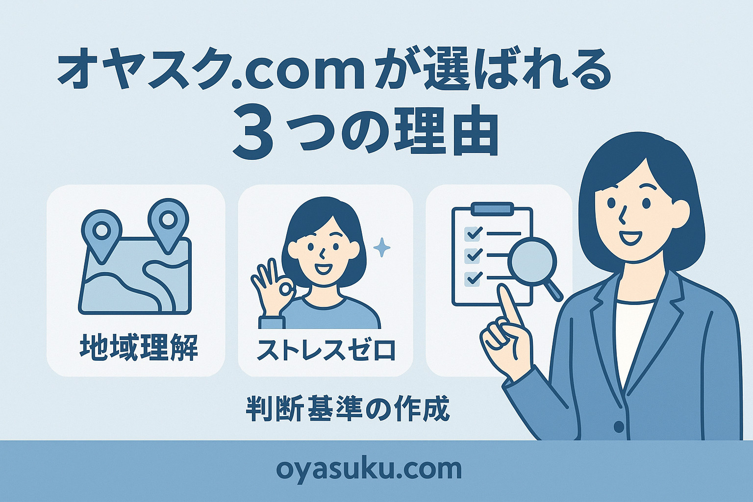 立石・本木でオヤスク.comが選ばれる3つの理由をまとめた図解