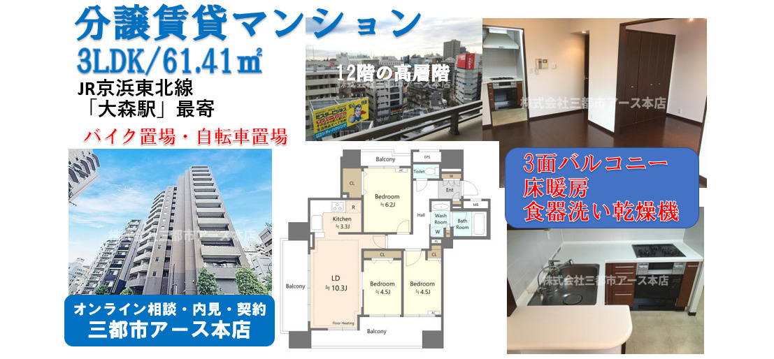 【クレストラフィーネ大森駅前】は3部屋ある3LDKでファミリータイプの分譲賃貸マンション