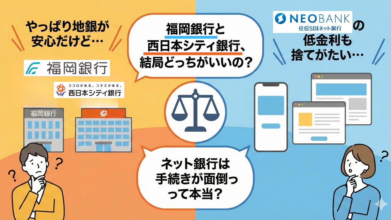 福岡銀行 vs 西日本シティ銀行 vs ネット銀行！住宅ローン実質金利・団信を徹底比較【ターゲット】地銀かネット銀行かで迷っている層の画像