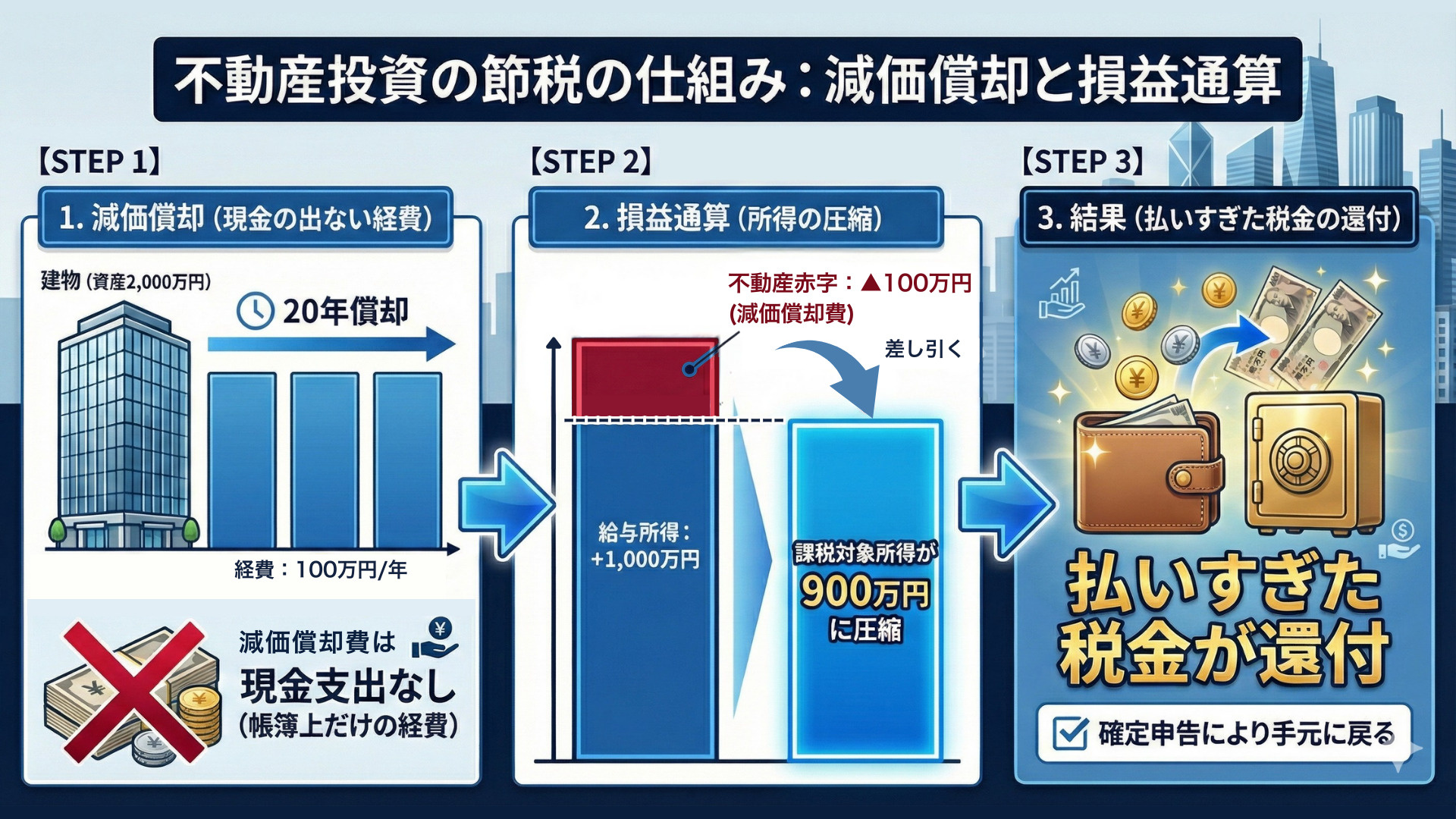 不動産投資の節税の仕組み図解：減価償却と損益通算で課税所得を圧縮し、確定申告で税金還付を受ける流れ