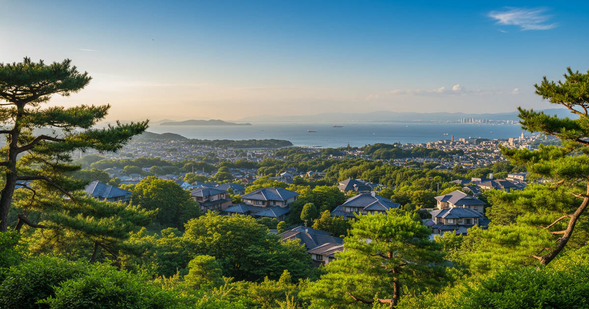 六麓荘町から望む大阪湾と豊かな緑