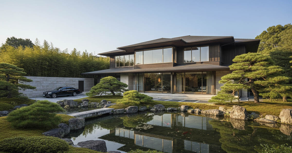 六麓荘町の重厚な邸宅と手入れされた庭園