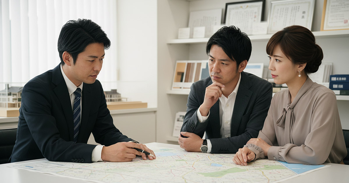 六麓荘町の土地について専門的な相談を受ける夫婦