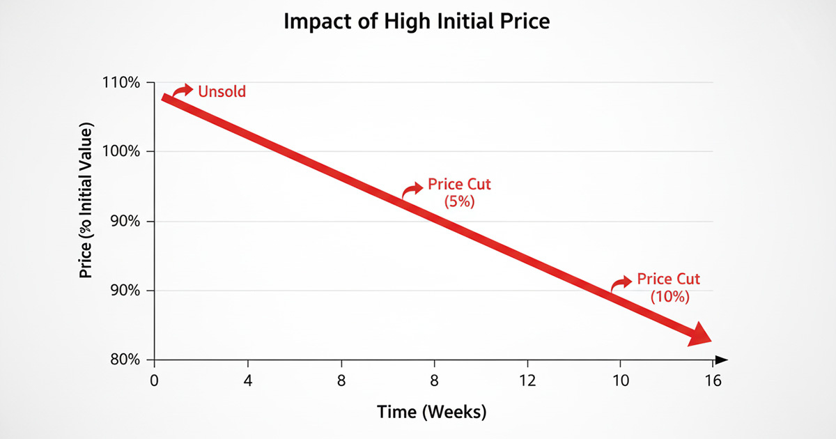 高すぎる売り出し価格が原因で、徐々に値下げを余儀なくされる負のスパイラルを示す図