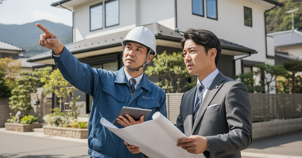 建築士が同行し、建物の状態やデザイン性を詳細にチェックする査定風景