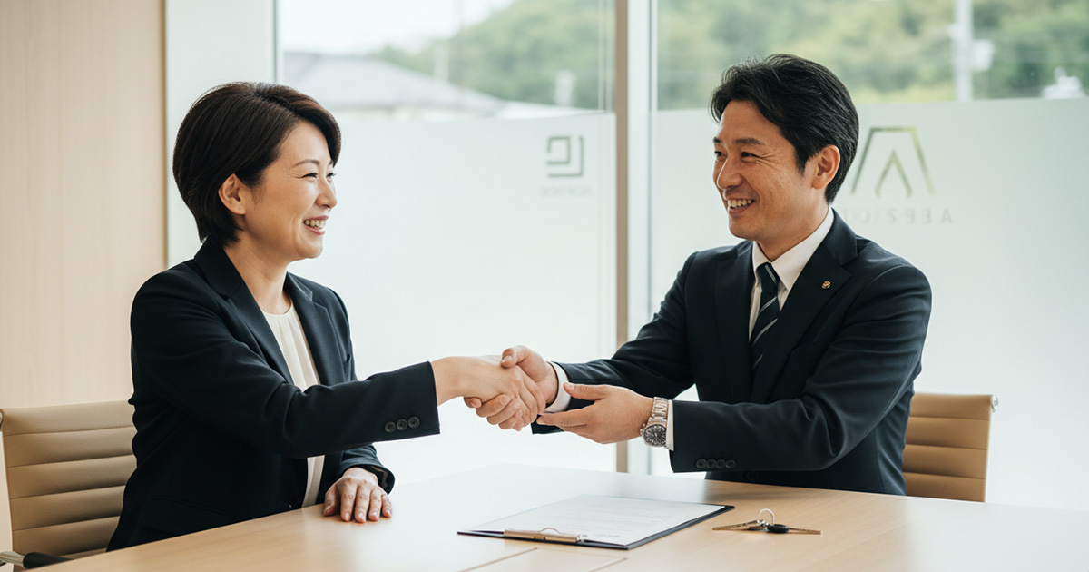 信頼できる不動産担当者と握手を交わし、売却の成功を喜ぶ売主