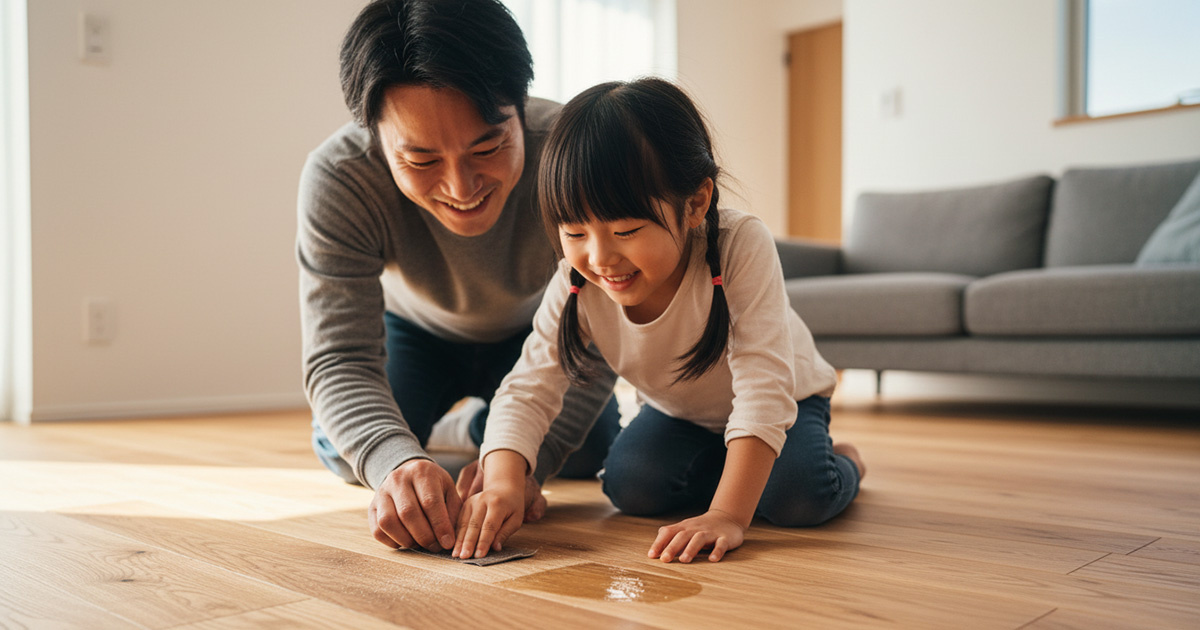 無垢材の床についた小さな傷を、家族で楽しそうにメンテナンスしている様子