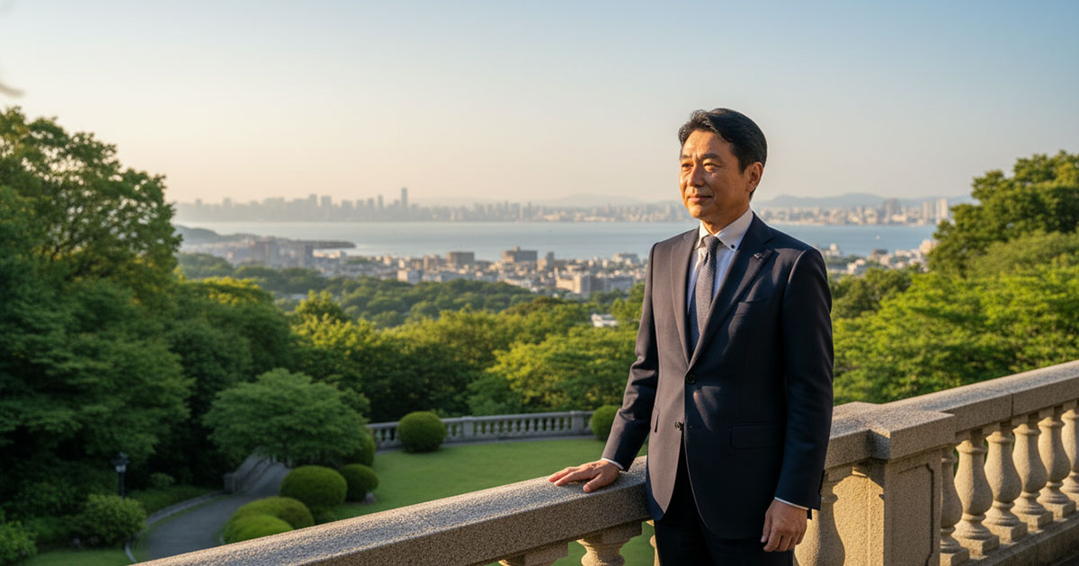 六麓荘町の丘の上から、自信に満ちた穏やかな表情で景色を眺める日本人ビジネスリーダー