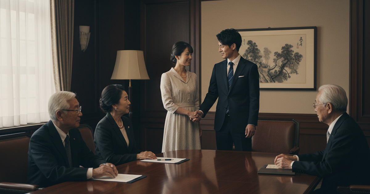 六麓荘町の町内会役員と、入居希望者が丁寧に挨拶を交わし、信頼関係を築いている様子