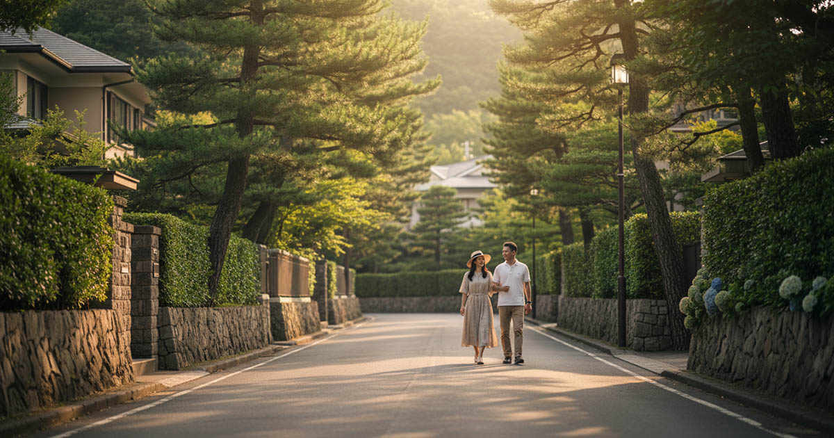 六麓荘町の緑豊かな通りを、上品なカジュアルウェアで散歩する日本人夫婦