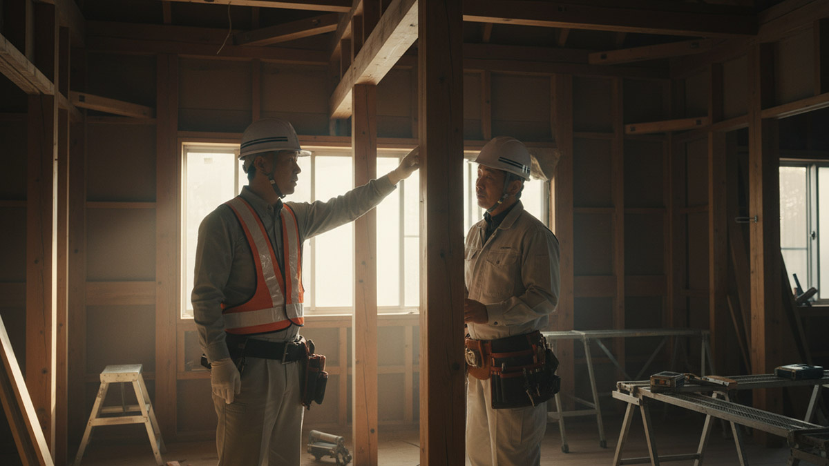 建築士と職人が、古い家の構造を確認しながらリノベーション工事を進めている真剣な様子