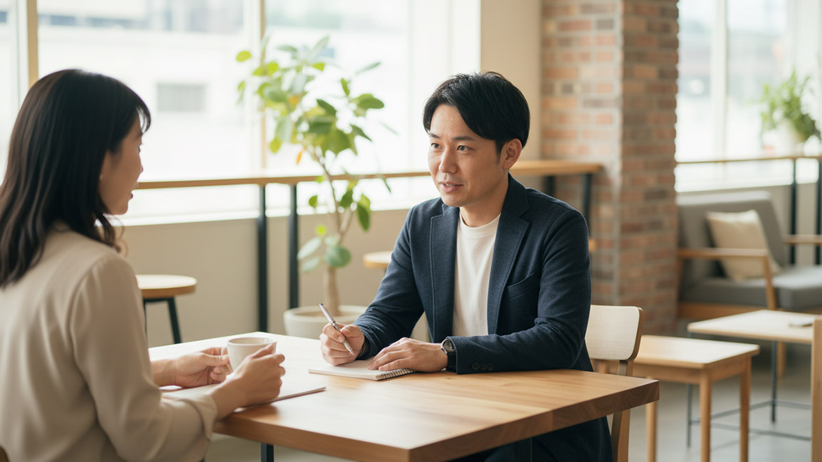 カフェのようなリラックスした雰囲気で、スタッフにお客様が悩みを相談している様子