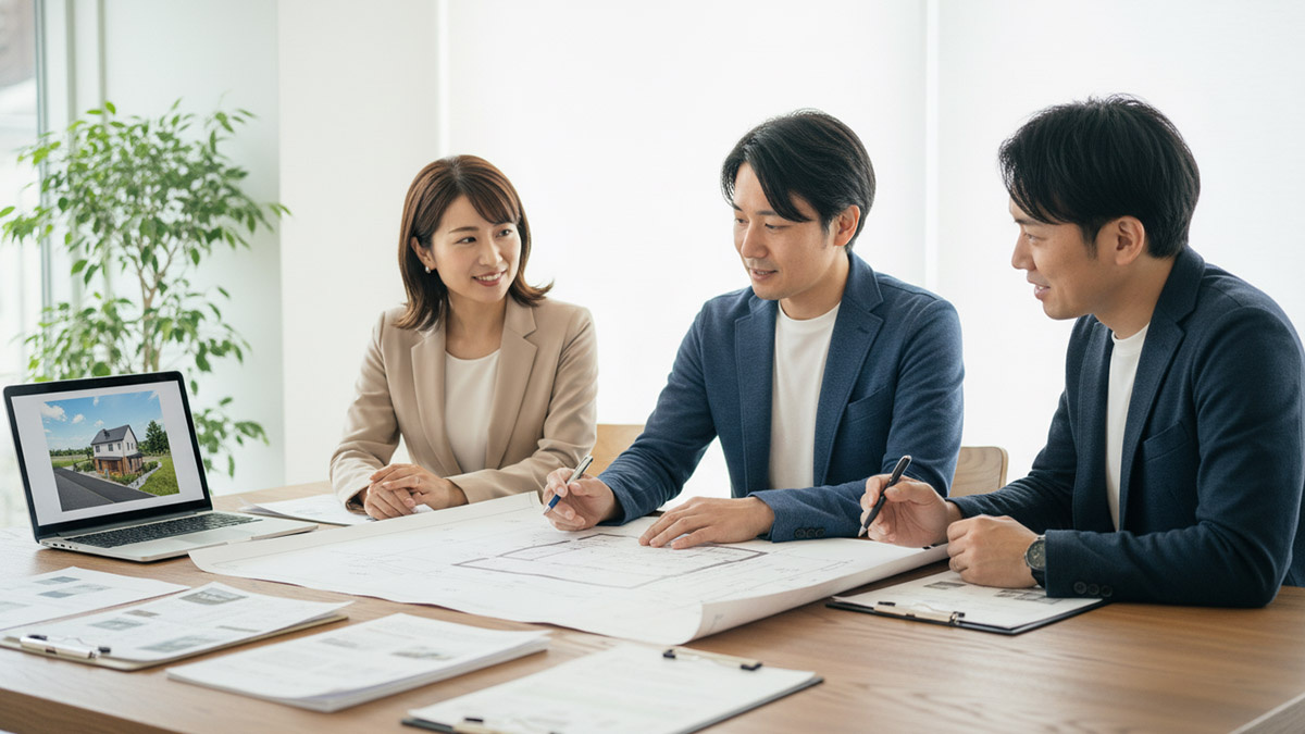 不動産担当者と建築士がチームを組み、お客様に最適なプランを提案している様子