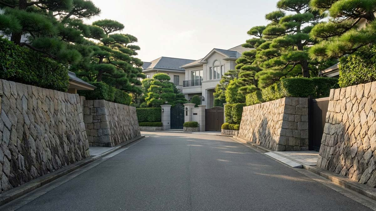 電柱がなく、石垣と松並木が続く六麓荘町の美しい街並み