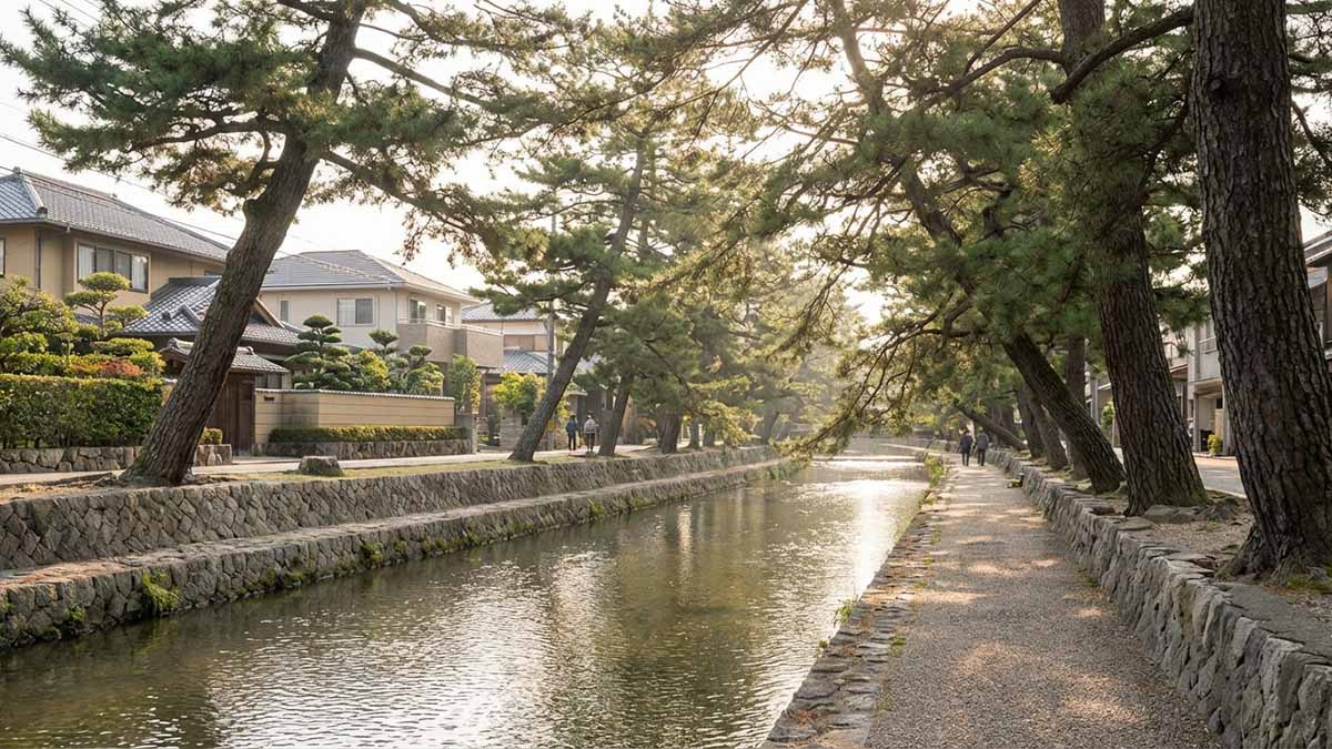芦屋川沿いの美しい松並木と、平田町の落ち着いた邸宅街の風景