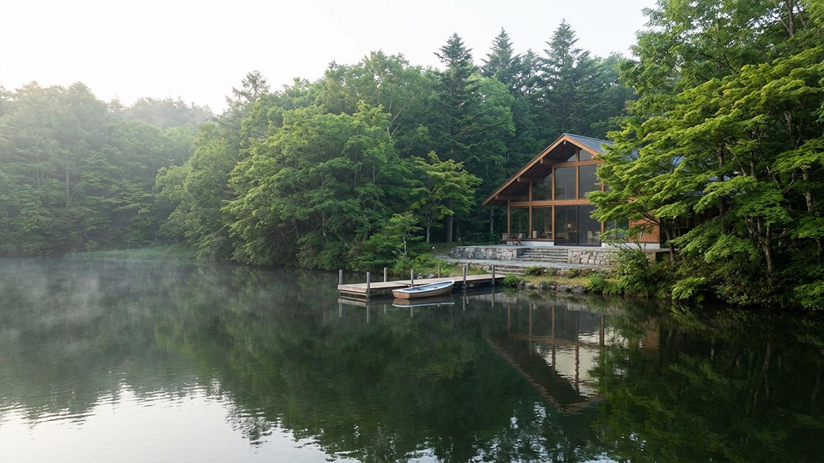 豊かな森と湖に囲まれた奥池エリアの、静かで美しい別荘地の風景