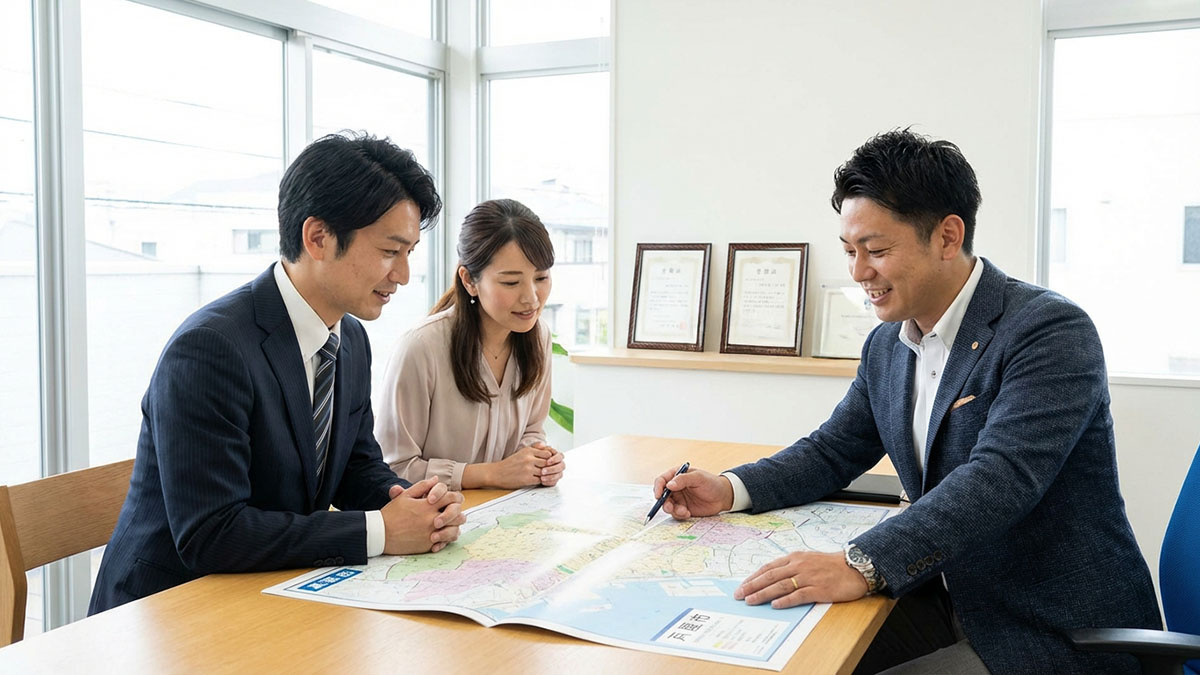 高翔バイセルのオフィスで、担当者が顧客のライフスタイルに合わせたエリア提案を行っている様子