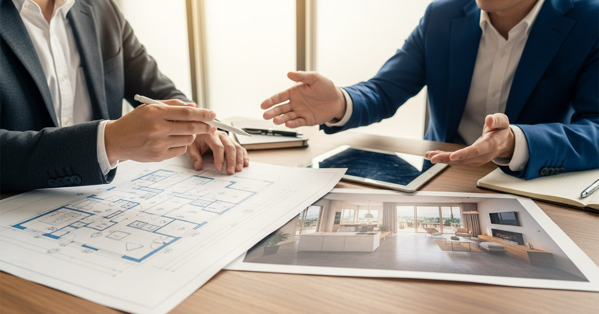 建築士と不動産担当者がリノベーションプランを練っている様子