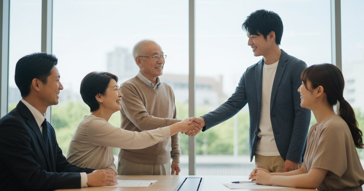 売主と買主、担当者が笑顔で握手を交わしているシーン