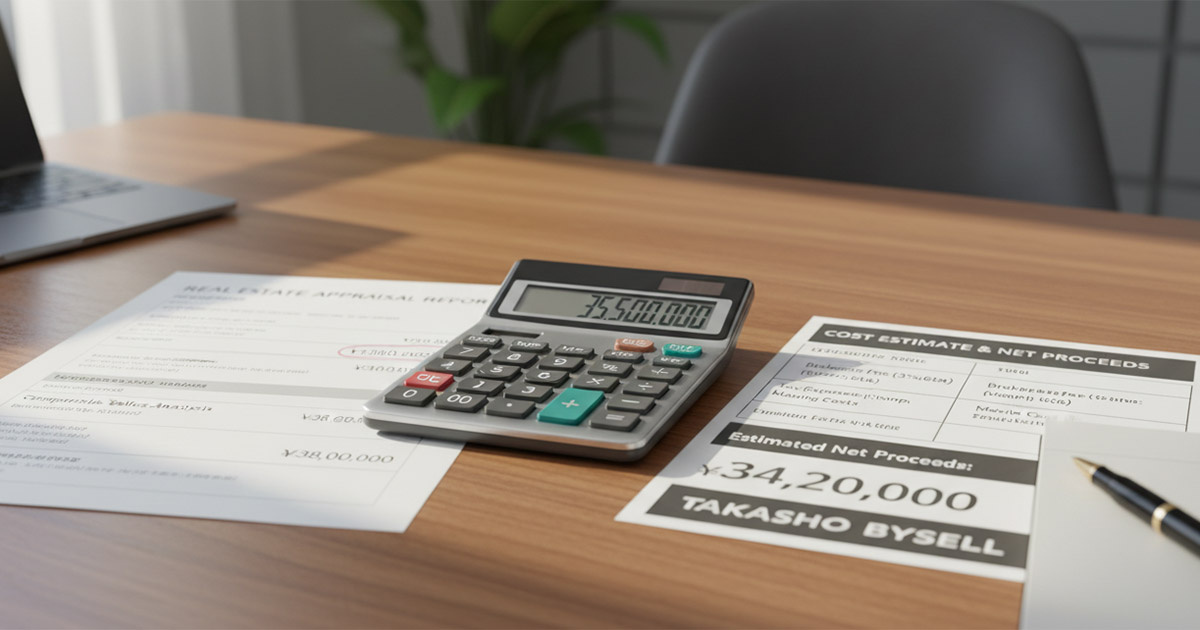 不動産査定書を見ながら、売却価格や費用について説明を受ける売主の様子