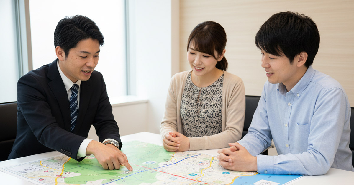 高翔バイセルのオフィスで、エリア選びについて相談する夫婦