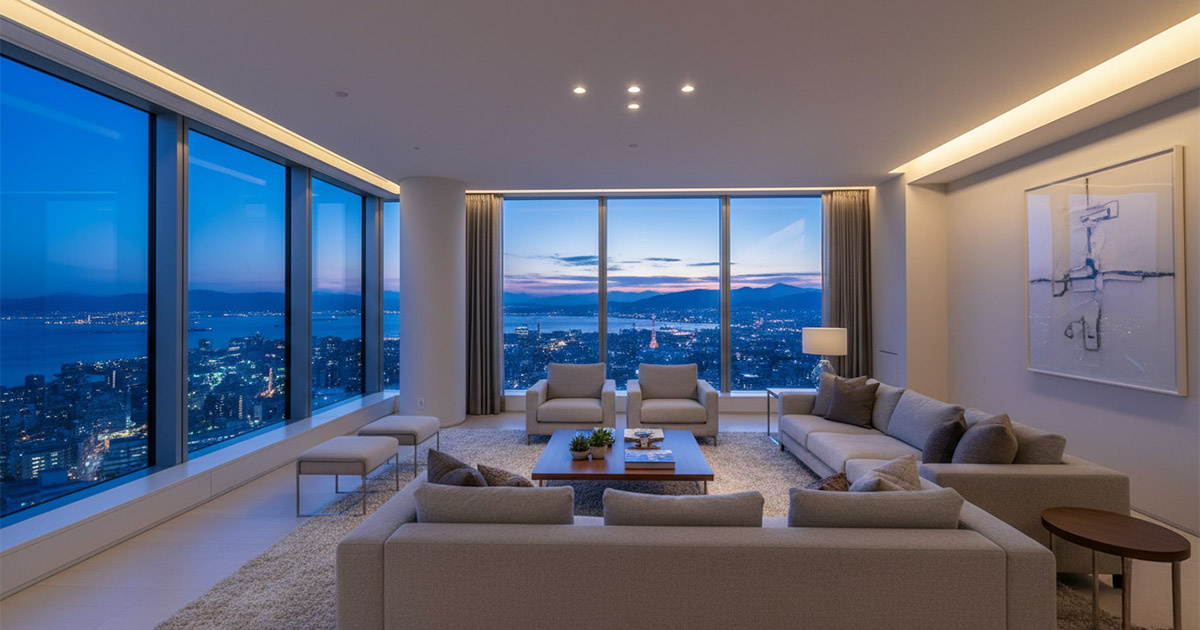 広々としたリビングから神戸の海と夜景を一望するラグジュアリーな空間