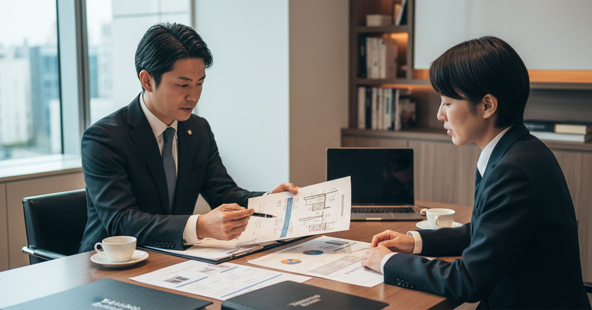 高翔バイセルの個室で、担当者がエグゼクティブな顧客に資産計画と物件を提案している様子