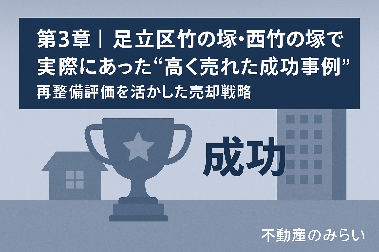 足立区竹の塚・西竹の塚で実際に高く売れた不動産売却成功事例を紹介する章のイメージ画像。不動産のみらい。