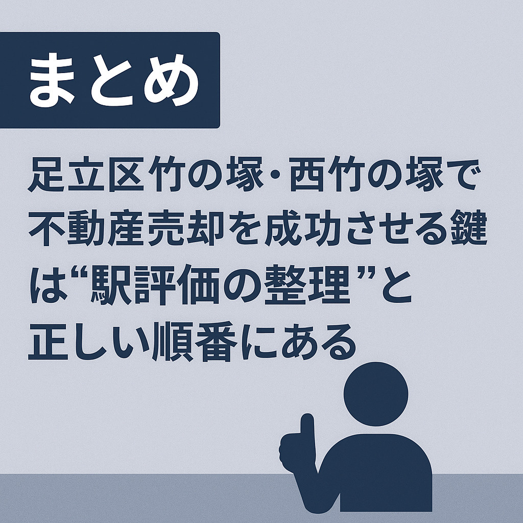 足立区竹の塚・西竹の塚で後悔しない不動産売却を実現するためのまとめイメージ画像。不動産のみらい。