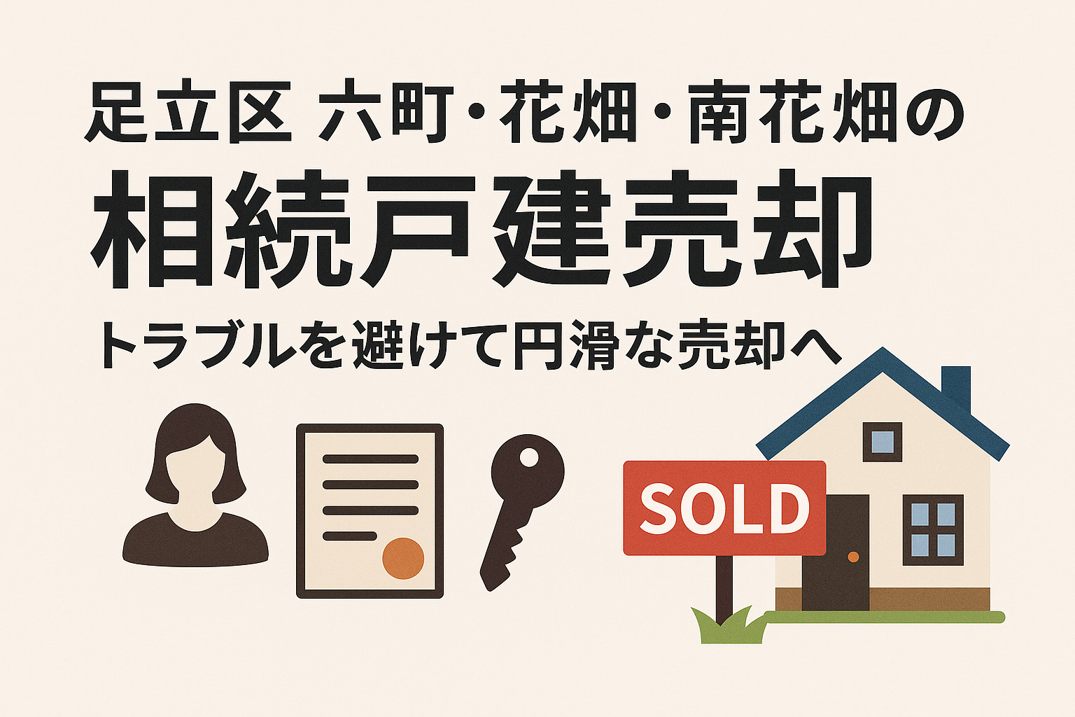 足立区六町・花畑・南花畑で相続した戸建の不動産売却について、後悔しない判断順と考え方を解説する不動産のみらいのタイトル画像。