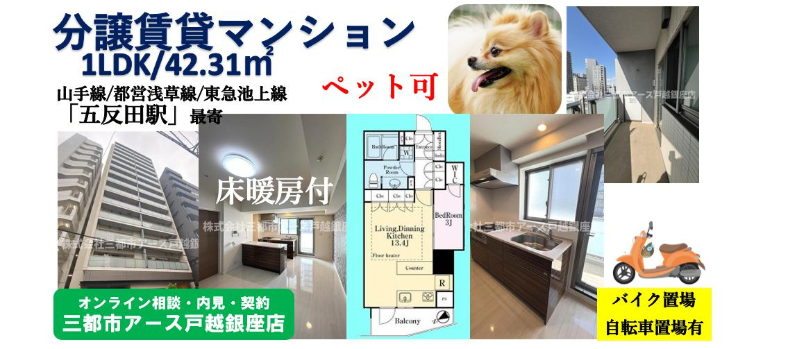 【山手線・五反田駅】ペット可の分譲賃貸マンション1LDK・床暖房付の画像