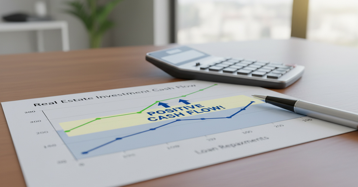 不動産投資の収支シミュレーションを示すグラフと電卓