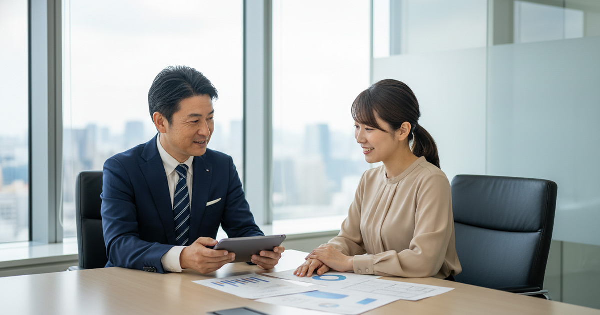 高翔バイセルの担当者と、老後の資産形成について前向きに相談するお客様