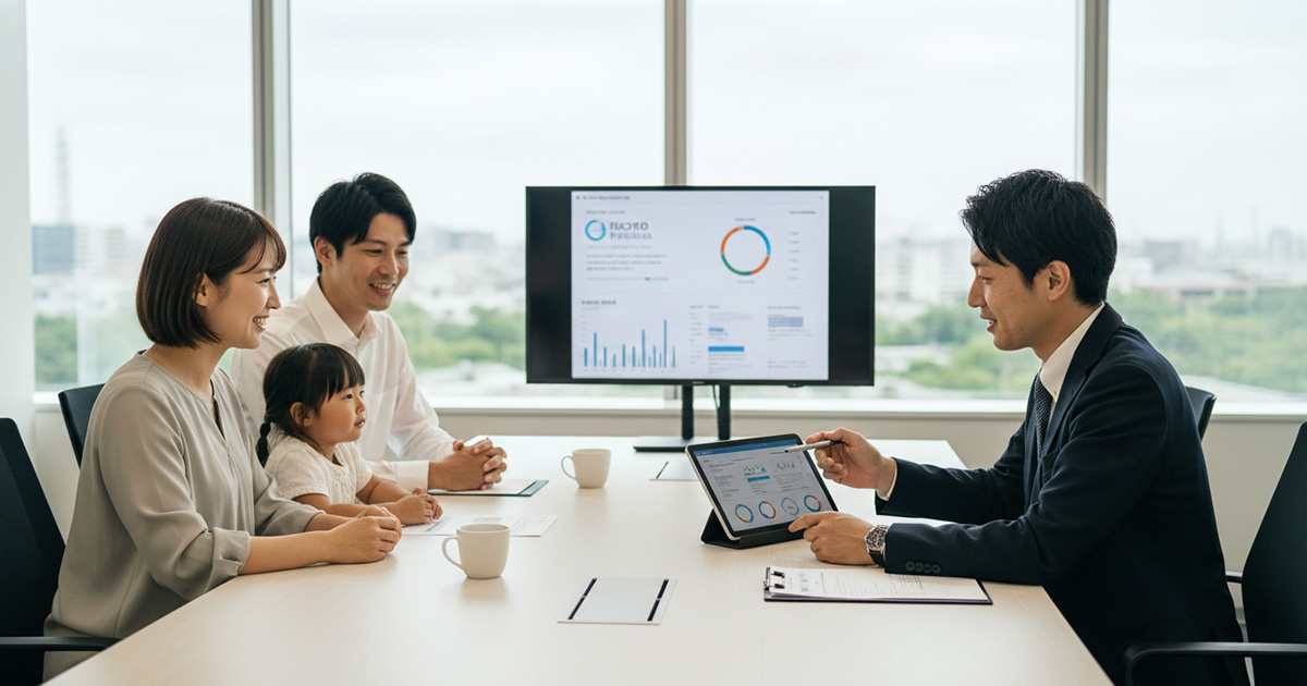 将来の安心について相談し、笑顔になる家族とアドバイザー