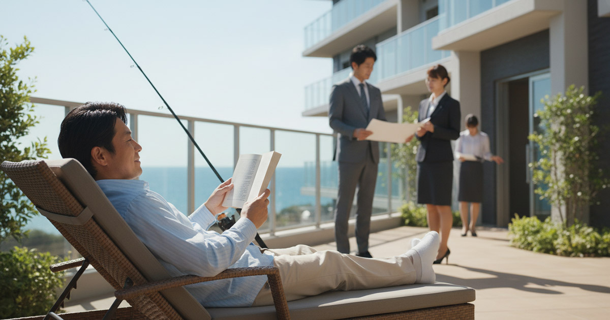 リラックスして趣味を楽しんでいるオーナーの横で、プロが建物の管理や入居者対応を行っているイメージ。完全な不労所得を表現。