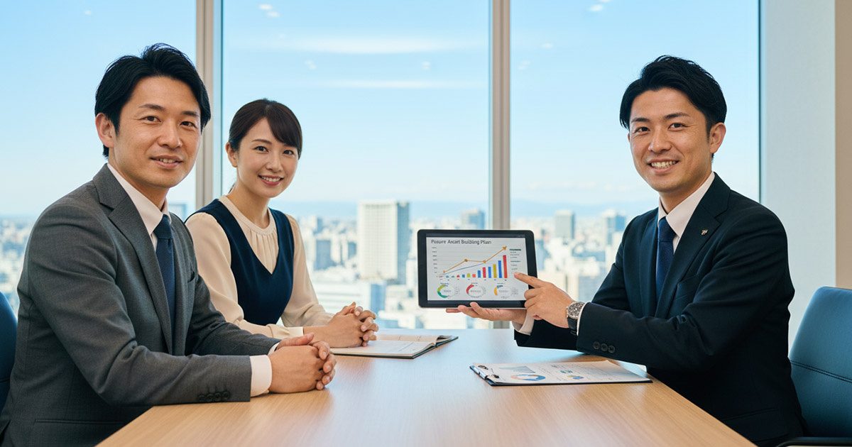 高翔バイセルのオフィスで、担当者が将来の資産形成プランを提案し、顧客が安心した笑顔を見せている様子。