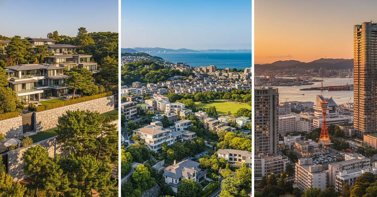 阪神間（芦屋・西宮・神戸）の街並みと、安定した資産価値を示すイメージ