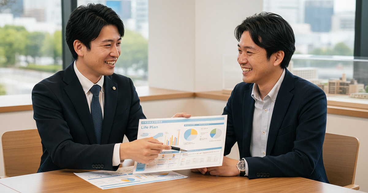 高翔バイセルの担当者と将来のプランについて話し、笑顔になる顧客