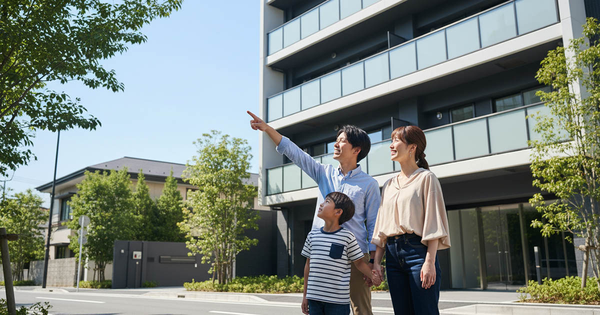 子供と一緒にマンションの外観を見上げ、建物という実物資産について話す親子の様子