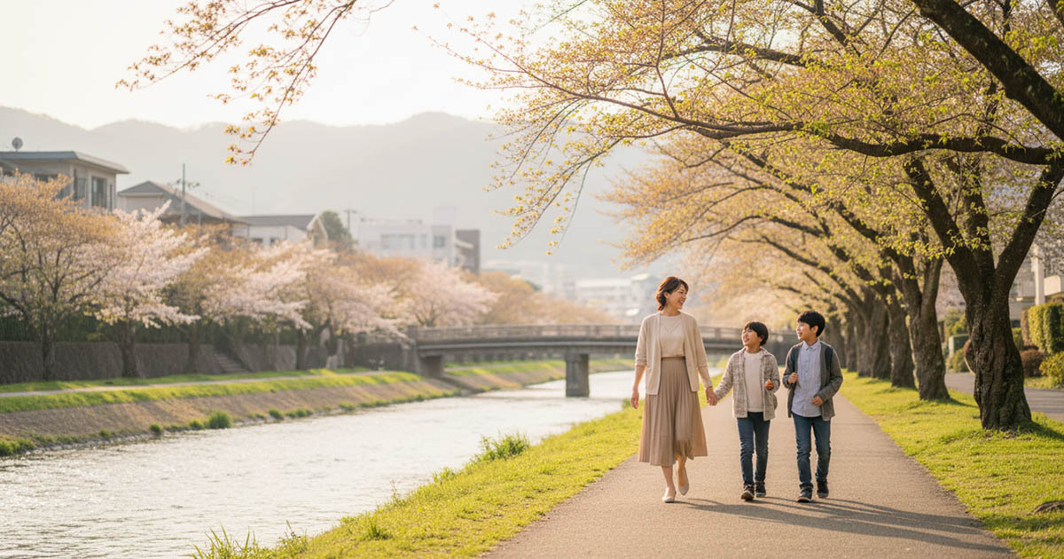 芦屋や西宮の美しい街並みを歩きながら、街の魅力や価値について語り合う親子