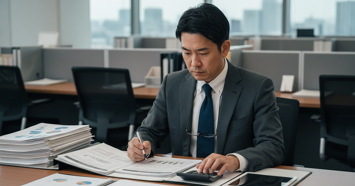 銀行員が書類やバランスシートをチェックし、融資の可否を判断している様子