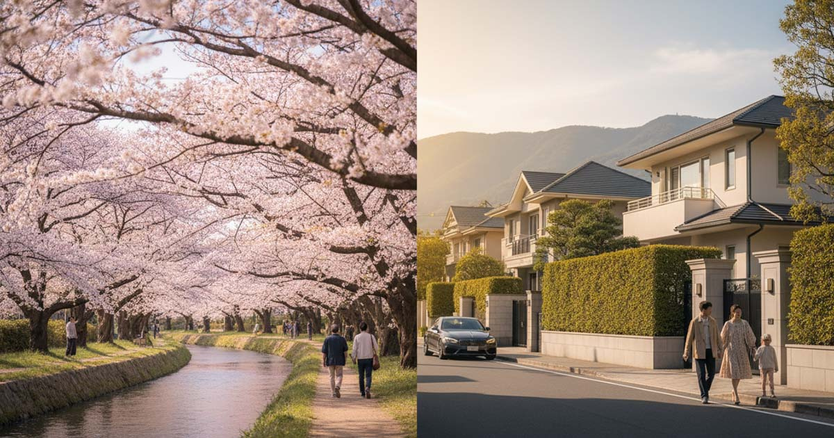 桜並木の美しい阪神間の洗練された街並み。ブランド力と資産価値を象徴する風景。