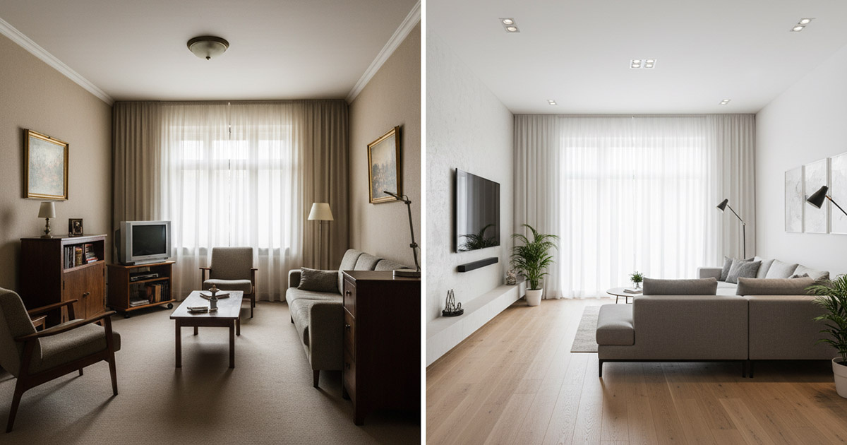 リノベーション前と後の比較イメージ。古さが残る部屋が、モダンで魅力的な空間に生まれ変わっている様子。