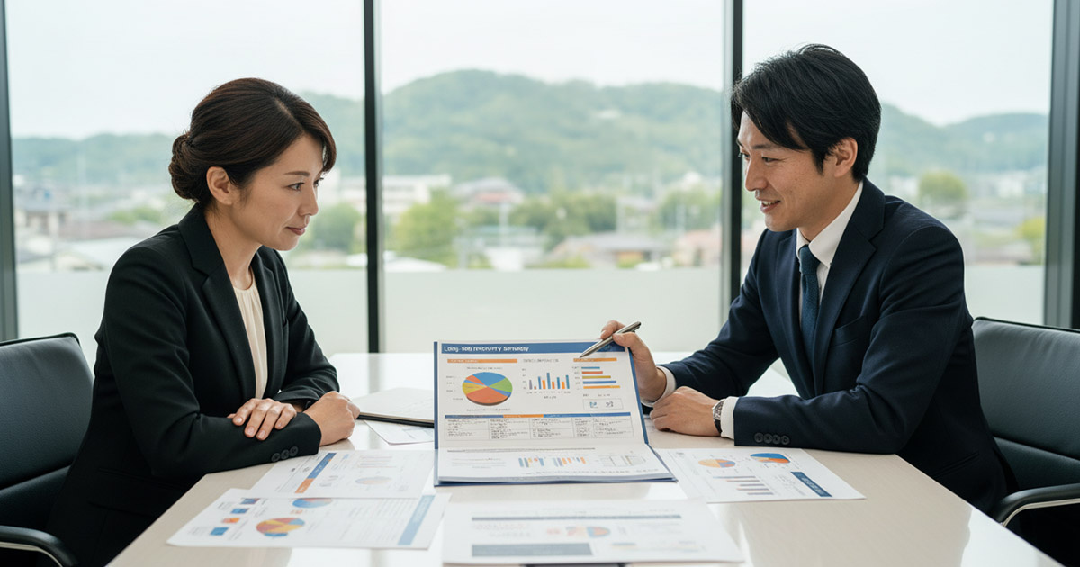 高翔バイセルのオフィスで、担当者とオーナーが物件の運用戦略について話し合っている様子