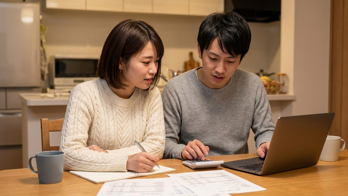 夫婦で電卓を叩きながら、無理のない返済計画について話し合っている様子