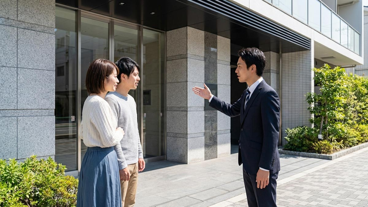 不動産会社の担当者と一緒に、マンションのエントランスや周辺環境をチェックする夫婦